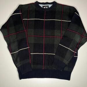 Vintage Woods & Gray Plaid Cotton Sweater Men’s Size L Black Green Red 90s Style